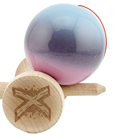 Kendama X Originala, Profesionala, Cyrax, Big Cups V2, Super Sticky Cupe Mari, Rulment Metalic cu Ata 55 cm, Albastru Deschis/Mov/Roz