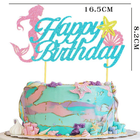 Set Toppere pentru Tort si Prajituri, Cyrax, Tematica Sirena, Model Mare Scris Happy Birthday 16.5x8.2 cm, 6 Toppere Mici Model Marin 5x5 cm, Multicolor