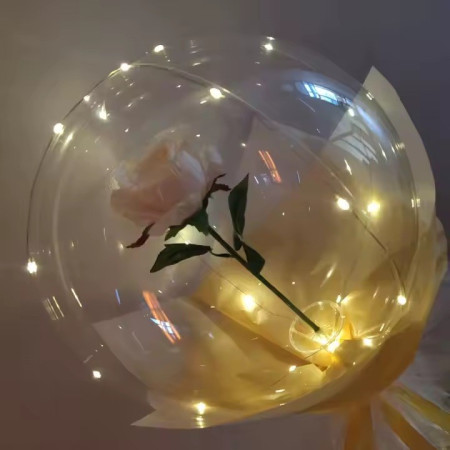 Buchet Decorativ, Cyrax, Trandafir in Balon cu Lumini Led, Diametru 35 cm, 2 x Baterii AA (neincluse), Sampanie