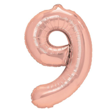 Balon din Folie Metalizata Cyrax, Figurina Cifra, Tema Aniversare 40 cm, Ambalaj Individual, Pai inclus, Umflare cu Aer sau Heliu, Rose Gold, Cifra 9