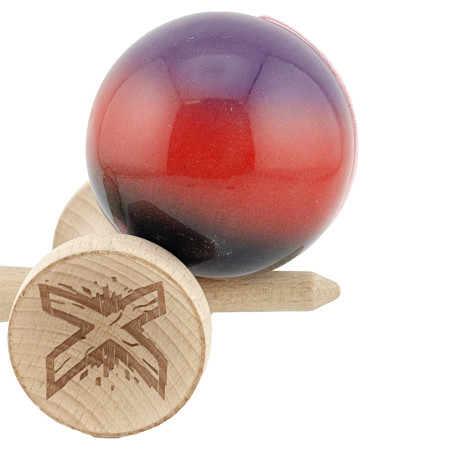 Kendama X Originala, Profesionala, Cyrax, Big Cups V2, Super Sticky Cupe Mari, Rulment Metalic cu Ata 55 cm, Mov/Rosu/Negru