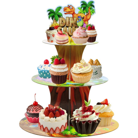 Etajera pentru Prajituri, Cyrax, din Carton, 3 Nivele, 16/22/29 cm Diametru, Inaltime 38 cm, Tema Dinozauri, Multicolor