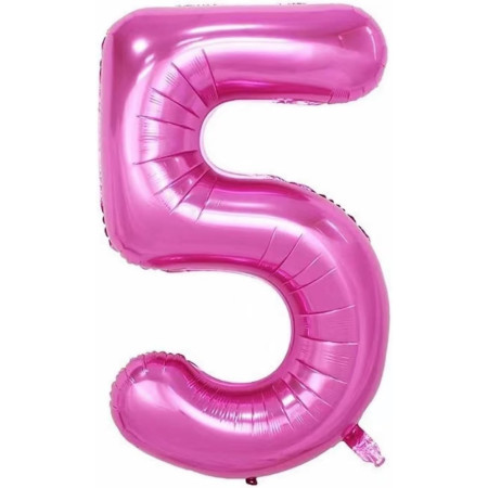 Balon din Folie Metalizata Cyrax, Figurina Cifra si Coroana, Tema Aniversare 100 cm, Ambalaj Individual, Pai inclus, Umflare cu Aer sau Heliu, Roz, Cifra 5