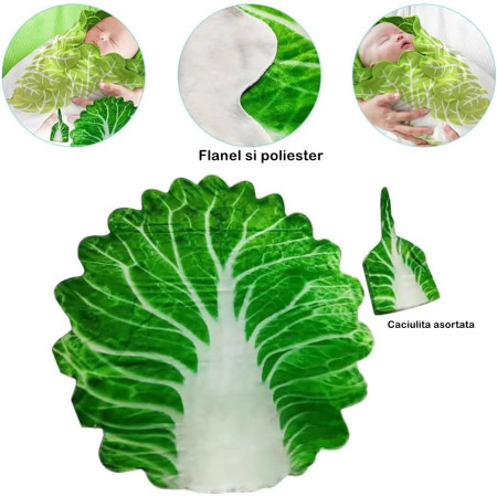 Set patura flanel si caciula  forma frunza de salata, pentru nou-nascuti, material poliester, 85 cm, verde