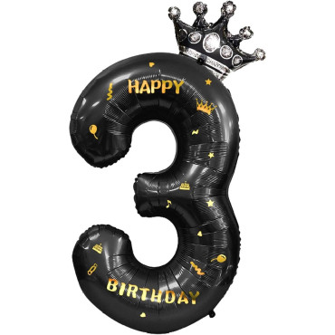 Balon din Folie Metalizata Cyrax, Figurina Cifra si Coroana, Scris Happy Birthday, Tema Aniversare 100 cm, Ambalaj Individual, Pai inclus, Umflare cu Aer sau Heliu, Negru, Cifra 3