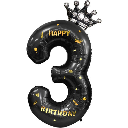 Balon din Folie Metalizata Cyrax, Figurina Cifra si Coroana, Scris Happy Birthday, Tema Aniversare 100 cm, Ambalaj Individual, Pai inclus, Umflare cu Aer sau Heliu, Negru, Cifra 3