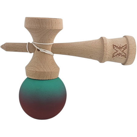 Kendama X Originala, Profesionala, Cyrax, din Lemn, Rubber Grip, 18 cm, Rosu/Verde