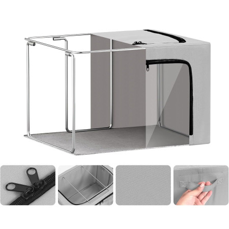 Cutie de Depozitare,  cu 3 Ferestre cu Fermoar Bidirectional, Cadru din Otel, Impermeabil, 38L, 42 x 30 x 30 cm, Gri