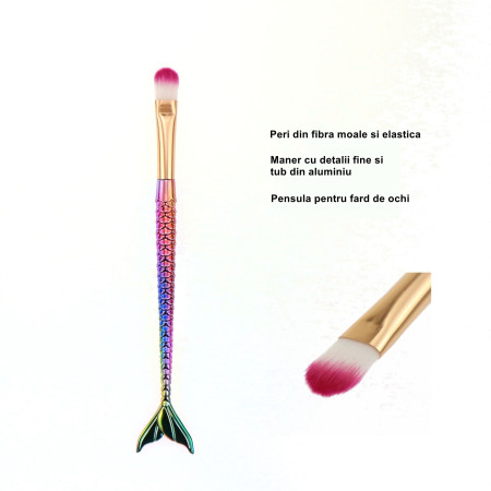 Set 3 Pensule pentru Machiaj Cyrax, in Forma de Sirena, Electroplacate, Detalii Fine, Maner Ergonomic, Peri din Fibra Moale, Multicolor