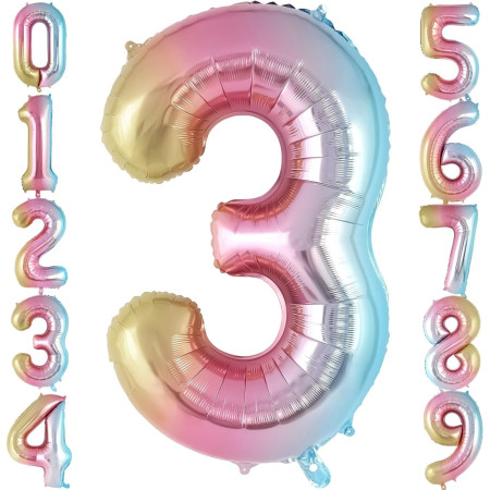 Balon din Folie Metalizata Cyrax, Figurina Cifra Gradient, Tema Aniversare 40 cm, Ambalaj Individual, Pai inclus, Umflare cu Aer sau Heliu, Multicolor, Cifra 3