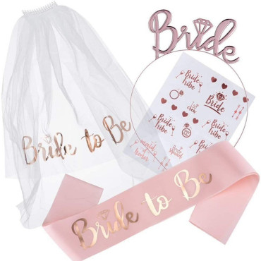 Set de Accesorii pentru Mireasa, Cyrax, Coronita, Panglica, Stickere, Voal, Model Bride To Be, Tematica Nunta, Alb-Roz