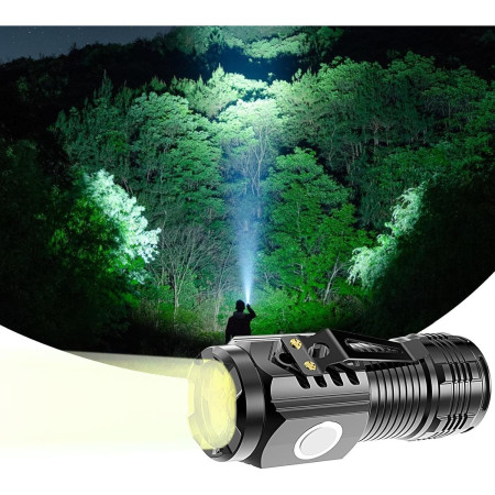 Lanterna cu 3 Nuclee Led,  Incarcare USB, Autonomie 4-20h, Raza Maxima 100-200 m, 5W, 4 x 4 x 9 cm, Suport de Agatat, Fund Magnetic, Negru Galvanizat