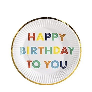 Set 10 Farfurii Unica Folosinta, Cyrax, Imprimeu Happy Birthday, din Carton, Diametru 18 cm, Alb
