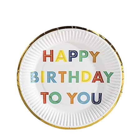 Set 10 Farfurii Unica Folosinta, Cyrax, Imprimeu Happy Birthday, din Carton, Diametru 18 cm, Alb