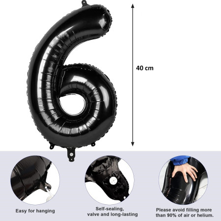 Balon din Folie Metalizata Cyrax, Figurina Cifra, Tema Aniversare 40 cm, Ambalaj Individual, Pai inclus, Umflare cu Aer sau Heliu, Negru, Cifra 6