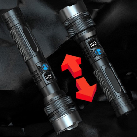 Lanterna LED Lumina Alba,  Lanterna cu Zoom Telescopic, Baterie externa, din Aluminiu + ABS, 1800 mAh, 17 x 4 x 3 cm, Negru