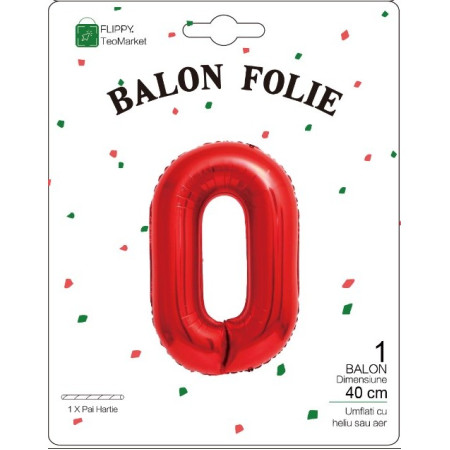Balon din Folie Metalizata Cyrax, Figurina Cifra, Tema Aniversare 40 cm, Ambalaj Individual, Pai inclus, Umflare cu Aer sau Heliu, Rosu, Cifra 0