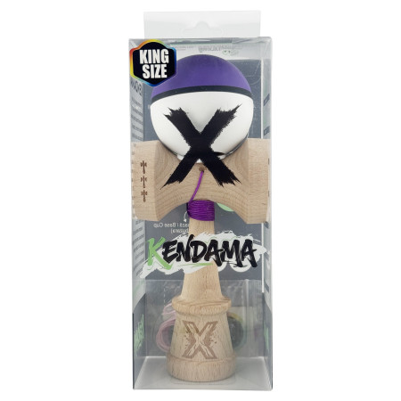 Kendama X Originala, Profesionala, Cyrax, Cupe Mari KING SIZE V3, Rubber Grip, Gaura in Baza, Rulment Metalic, din lemn 18 cm, Ata 62/65 cm, S Bicolor Mov/Alb