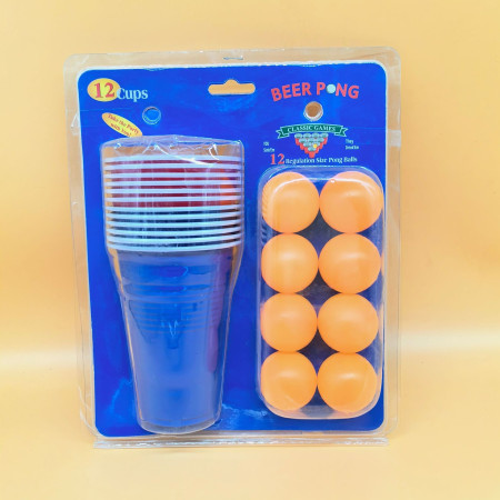 Joc de Baut BEER PONG, Cyrax, Set din 12 Mingi de Tenis si 12 Pahare Reutilizabile, Joc Interactiv pentu Adulti, Albastru Rosu