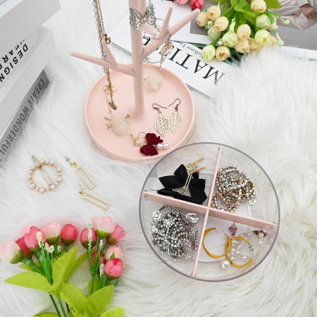 Cutie de Bijuterii,  Rotativa, cu Suport Tip Ramura, 36.5 x 14 cm, din ABS+PP, Roz