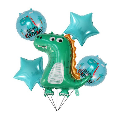 Set 5 Baloane folie de aluminiu, Cyrax, Figurina Dinozaur, pentru aniversare HAPYY BIRTHDAY, Stelute Albastre si Baloane Albastre, 50 - 70 cm