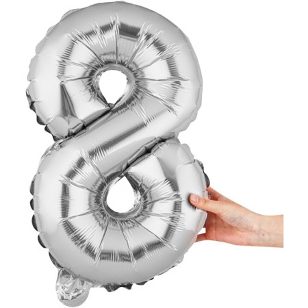 Balon din Folie Metalizata Cyrax, Figurina Cifra, Tema Aniversare 40 cm, Ambalaj Individual, Pai inclus, Umflare cu Aer sau Heliu, Argintiu, Cifra 8