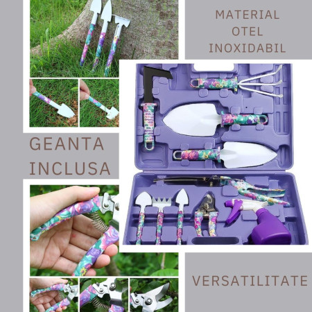 Set 10 accesorii pentru gradinarit  geanta depozitare inclusa, otel inoxidabil, 37 x 28 cm, mov
