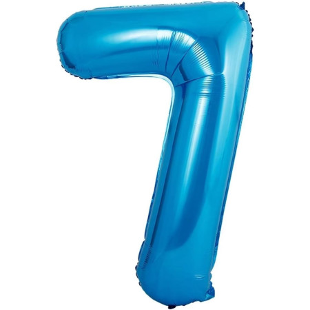 Balon din Folie Metalizata Cyrax, Figurina Cifra si Coroana, Tema Aniversare 100 cm, Ambalaj Individual, Pai inclus, Umflare cu Aer sau Heliu, Albastru, Cifra 7