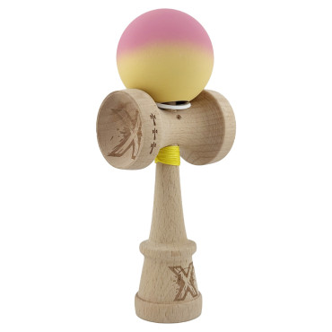 Kendama X Originala, Profesionala, Cyrax, Rubber Grip, Cupe Mari KING SIZE V3, Gaura in Baza, Rulment Metalic, din lemn 18 cm, Ata 62/65 cm, Gradient Roz/Galben