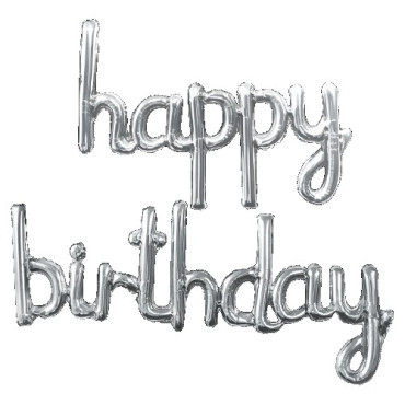 Set Baloane din Folie Metalizată, Cyrax, Model Happy Birthday, 45x85 cm, 45x124cm, Baloane Party, Ambalaj Individual, Pai inclus, Umflare cu Aer sau Heliu, Argintiu