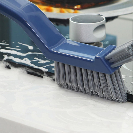 Perie 3in1 de Curatat Podele si Rosturi,  Lungime Maner 28 cm, Peri din PP, Otel si Plastic, Cleste pentru Scame si Par Inclus, Albastru