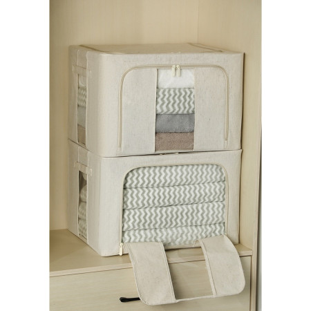 Cutie de Depozitare Pliabila,  Cu Fereastra si Fermoar Dublu, 66 L, Textil Premium, 50x40x33 cm, Cadru Metalic, Impermeabila, Alb Texturat