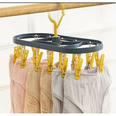 Uscator de Rufe Suspendat  cu 12 Carlige, Rotire 360 Grade, Protectie Vant, Mateiral Plastic, Usor de Depozitat, Multifunctional, 30 x 12.5 cm, Albastru/Galben