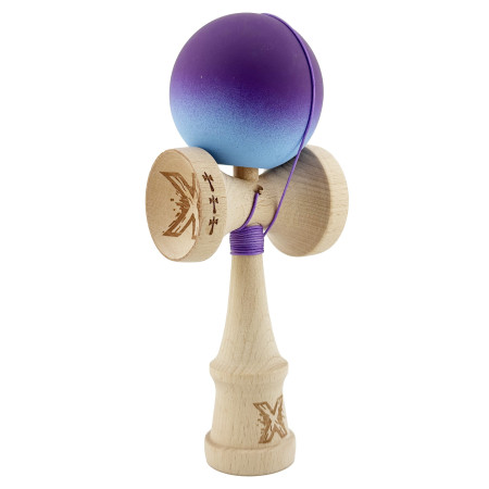 Kendama X Originala, Profesionala, Cyrax, Big Cups V2, Rubber Grip cu Cupe Mari, Rulment Metalic cu Ata 55 cm, Violet/Albastru