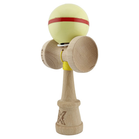 Kendama X Originala Silken, Profesionala, Cyrax, Cupe Mari KING SIZE V3, Super Sticky, Gaura in Baza, Rulment Metalic, din lemn 18 cm, Ata 62/65 cm, Cream Galben