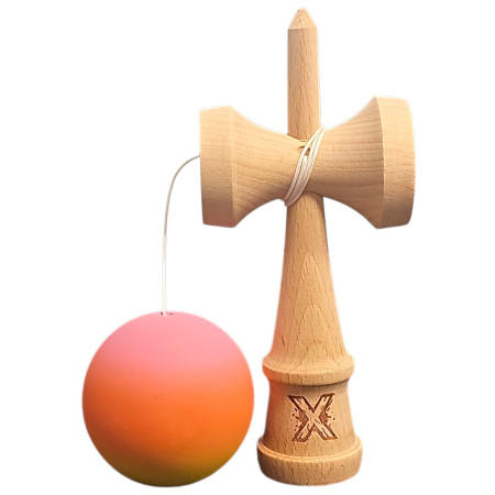 Kendama X Originala, Profesionala, Cyrax, Rubber Grip, din Lemn, 18 cm, Roz/Portocaliu/Galben
