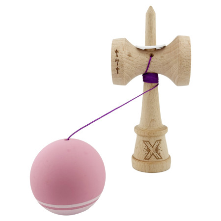 Kendama X Originala, Profesionala, Cyrax, Rubber Grip, Cupe Mari KING SIZE V3, Gaura in Baza, Rulment Metalic, din lemn 18 cm, Ata 62/65 cm, Bicolor Roz/Roz deschis