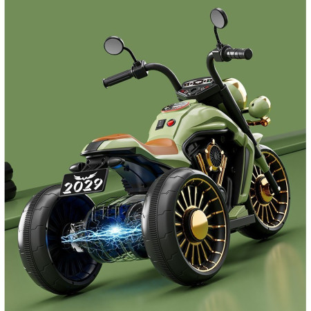 Tricicleta Electrica pentru Copii, Cyrax, cu 2 Acumulatoare 380*2, 6V 4.5, Telecomanda, Bluetooth, Sistem Anti-Rasturnare, Sistem de Lumini si Sunet, 6-8 Ani, 93 x 48 x 63 cm, Verde Negru