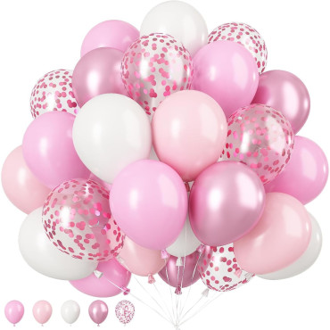 Set 16 Baloane din Latex Metalizate, Cyrax, Model Party, 30 cm, Alb, Roz, Roz Chrome, Transparent Confetti 2.8 g