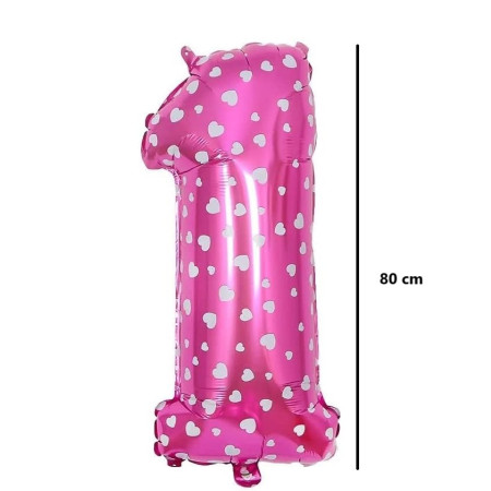 Balon din Folie Metalizata Cyrax, Figurina Cifra, Imprimeu Inimi, Tema Aniversare 80 cm, Ambalaj Individual, Pai inclus, Umflare cu Aer sau Heliu, Roz, Cifra 1