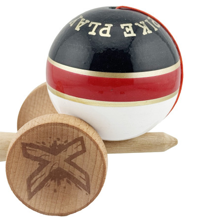 Kendama X ROYAL SPIKE Originala, Profesionala, Cyrax, Big Cups V2, Super Sticky cu Cupe Mari, Rulment Metalic, din lemn 18 cm, Ata 55 cm, Negru/Rosu Gold/Alb