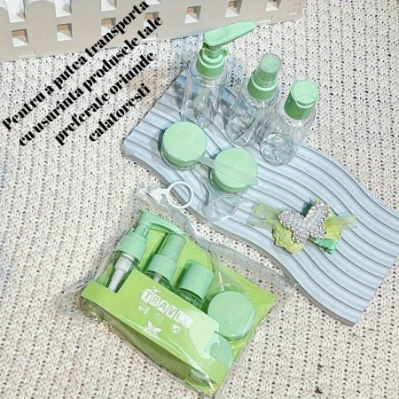 Set Recipiente pentru Cosmetice, Cyrax, 5 Piese, cu Gentuta, pentru Calatorii, Reutilizabile, Verde, Material Plastic, 40 ml, 10g