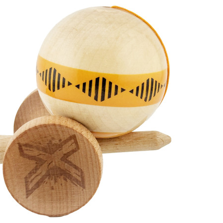 Kendama X FREQUENCY Originala, Profesionala, Cyrax, Big Cups V2, Super Sticky cu Cupe Mari, Rulment Metalic, din lemn 18 cm, Ata 55 cm, Portocaliu/Maro