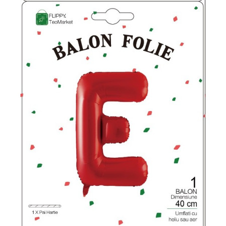Balon Folie Metalizata Litera E, Cyrax, 40 cm, Umflati cu Heliu sau Aer, Ambalaj Individual, Pai inclus, Rosu