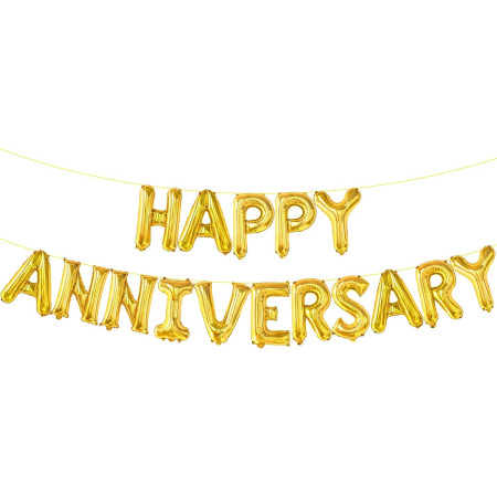 Set Baloane din Folie Metalizata, Cyrax, Model Happy Anniversary, Litere de 40 cm, Baloane Party, Ambalaj Individual, Pai Inclus, Umflare cu Aer sau Heliu, Auriu