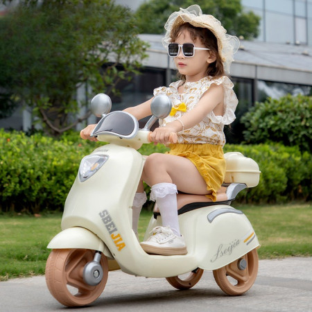 Motocicleta Electrica Cyrax, cu Acumulator, Telecomanda, Bluetooth, cu Sistem Anti-Rasturnare, Sistem de Lumini si Sunet, 3-10 Ani, Bej