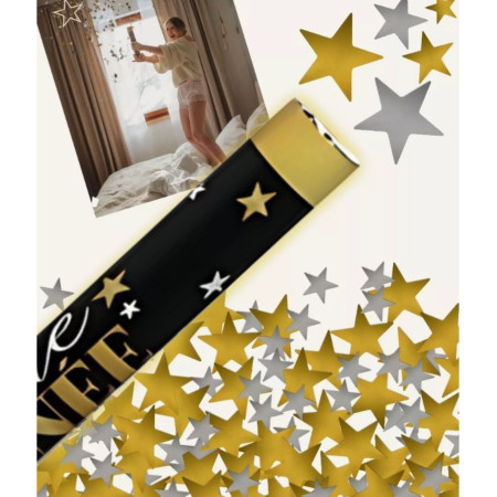 Tub de Confetti, Cyrax, Bonne Annee, 40x5 cm, Confetii Stelute din Aluminiu, Auriu/Argintiu