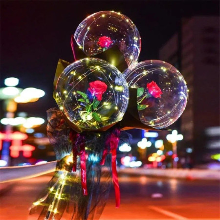 Buchet Decorativ, Cyrax, Trandafir in Balon cu Lumini Led, Diametru 35 cm, 2 x Baterii AA (neincluse), Rosu/Negru