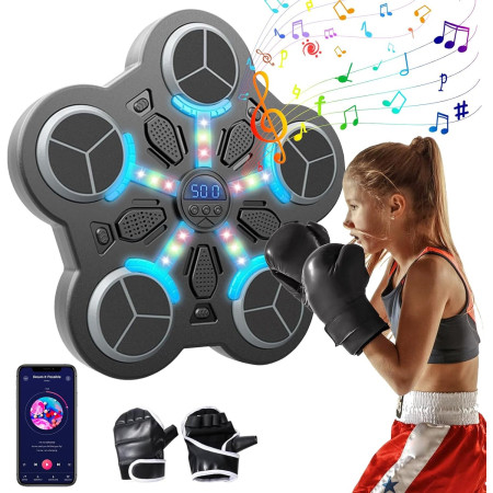 Jucarie de Boxat cu Muzica si Lumini, Cyrax, Manusi Incluse, Bluetooth, Incarcare USB, Aplicare cu Ventuze, 5 Tinte, 33x33x4.5 cm, 930 g, Negru