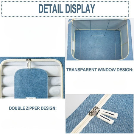 Cutie de Depozitare Pliabila,  66 L, din Bumbac si In, 50x40x33 cm, Fereastra Frontala, 2 Usi de Acces cu Fermoar Bidirectional, Cadru Metalic, Suport Baza Stabil din Plastic, Albastru Marin